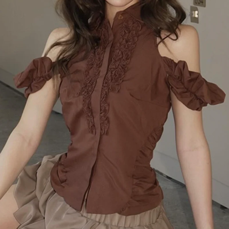 Off shoulder ruffle button top