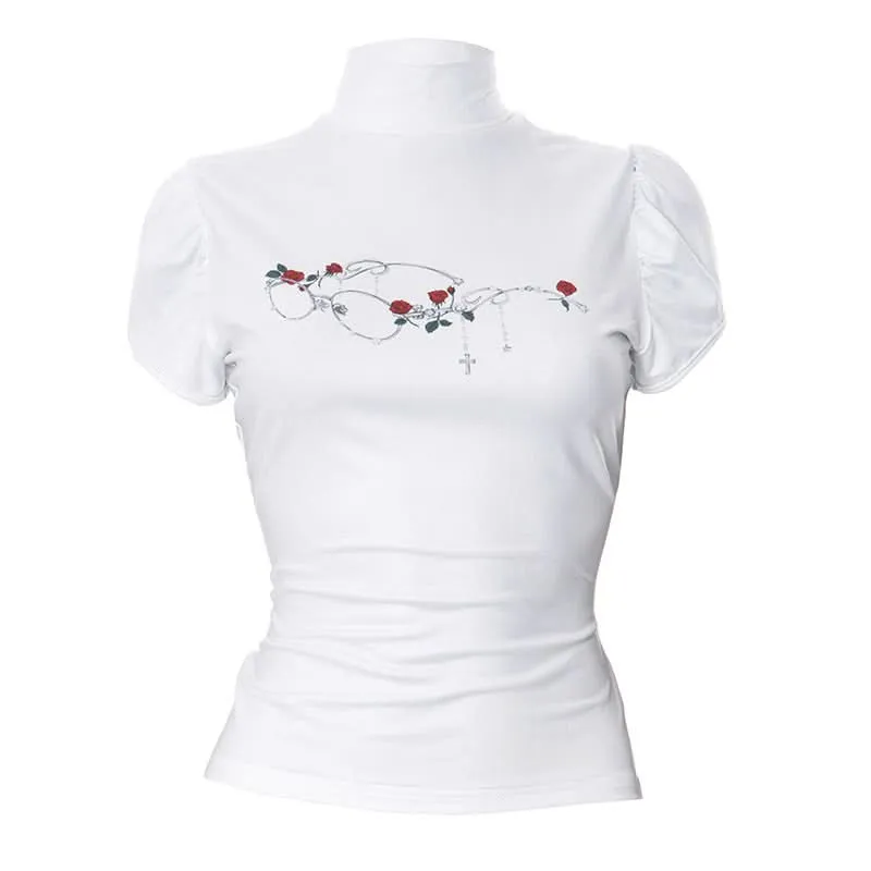 Puff sleeve high neck flower print top