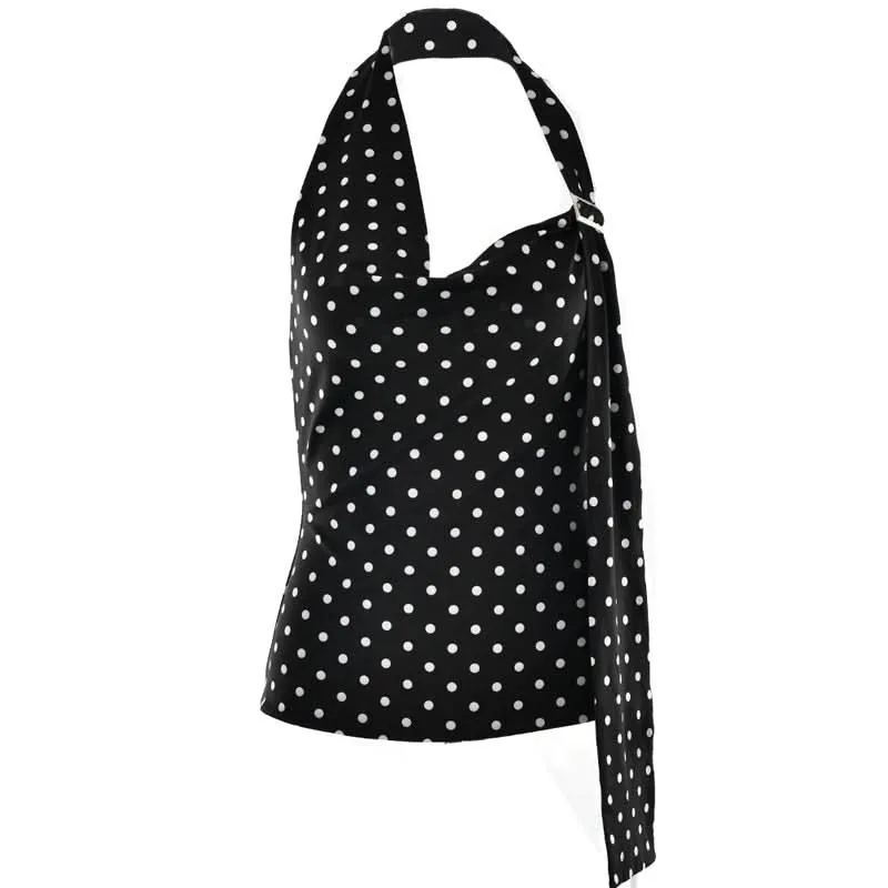 Backless polka dot halter buckle top