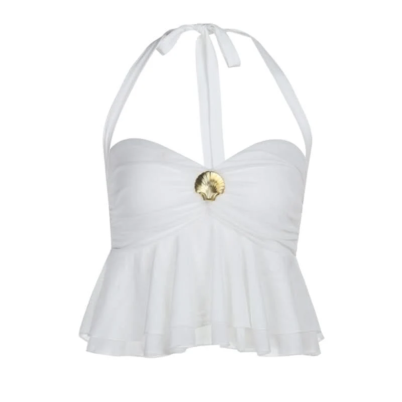 Halter self tie ruched mesh top