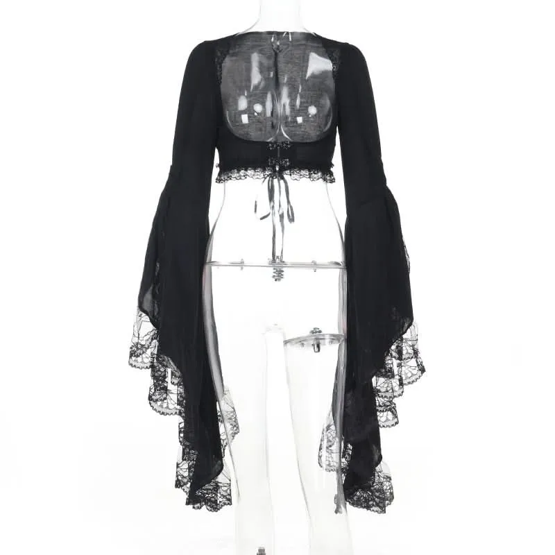 Lace hem long flared sleeve shrug top