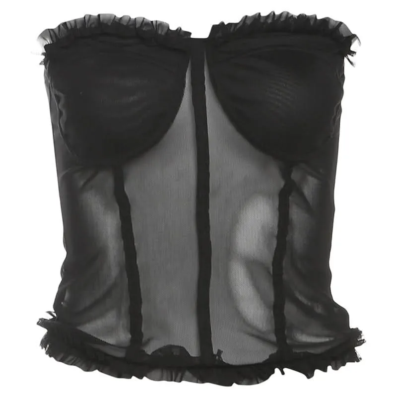 Mesh sweetheart neck ruffle backless top