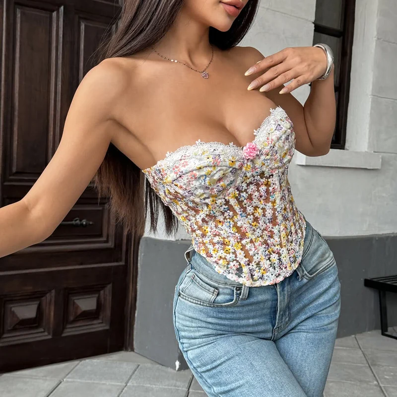 Lace sweetheart flower applique corset top