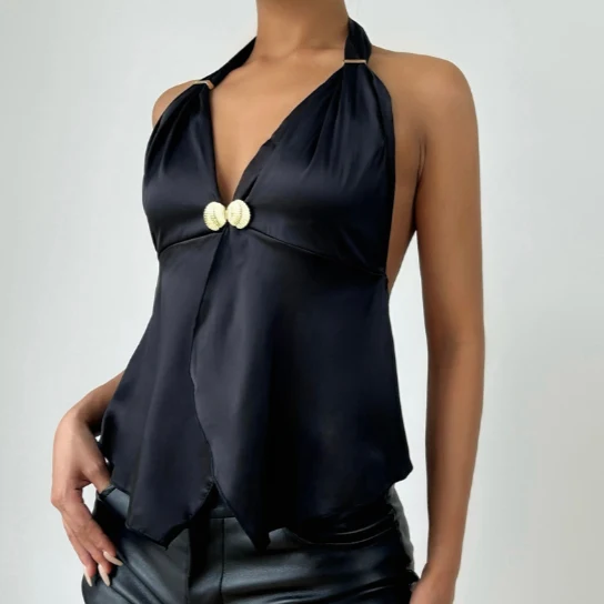 Backless halter applique top