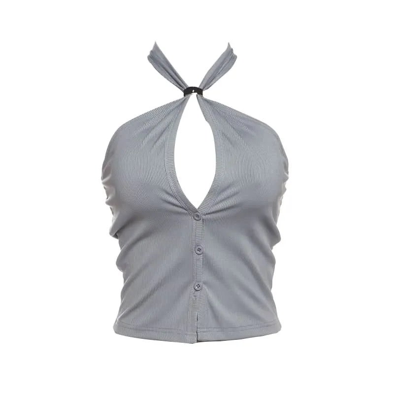 Halter hollow out button backless cut out top