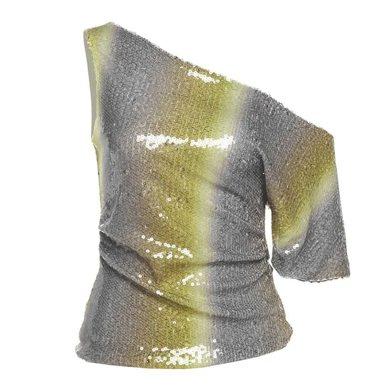 One shoulder glitter contrast top