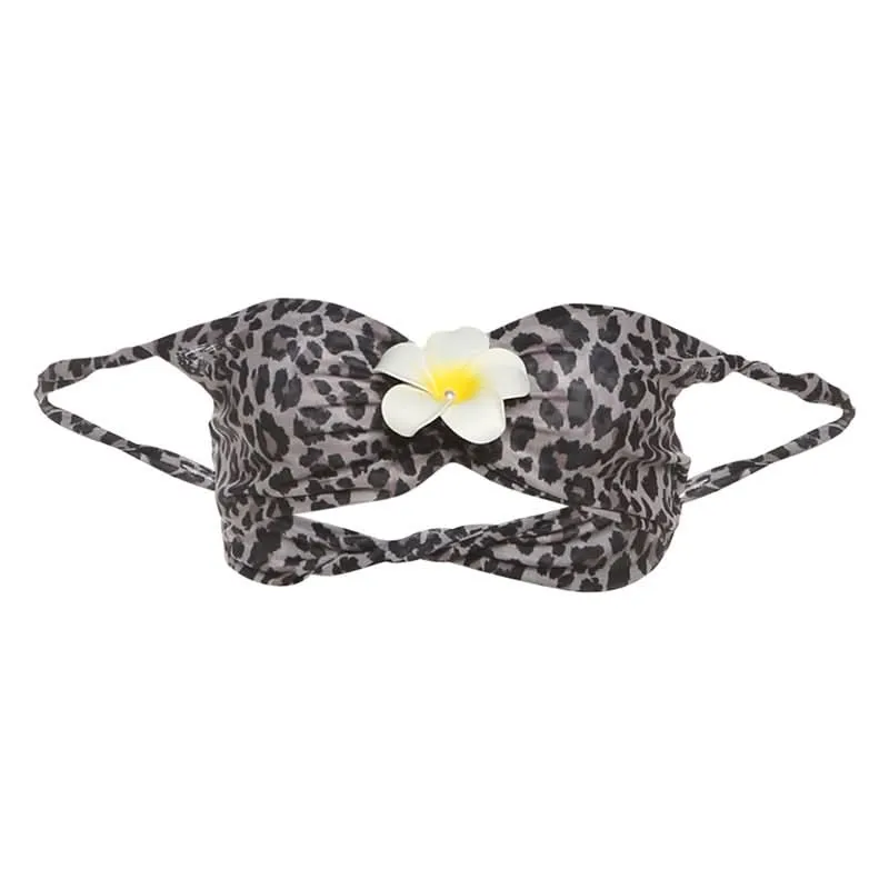 Leopard print flower applique off shoulder tube top