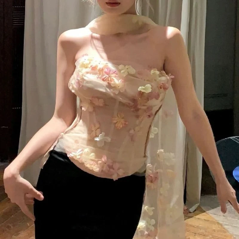 Flower applique backless corset tube top