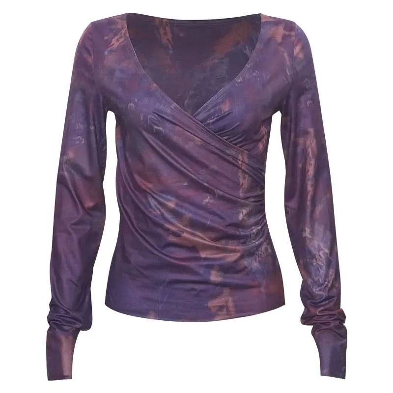 Ruched long sleeve v neck print contrast top