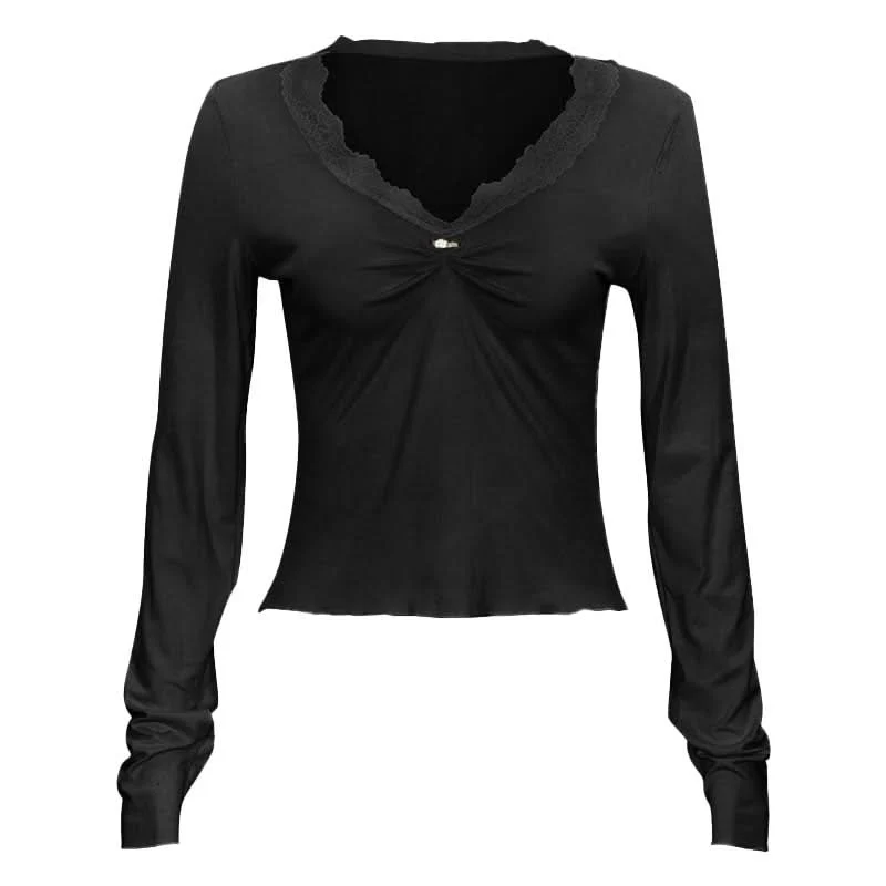 Lace hem ruched long sleeve v neck top