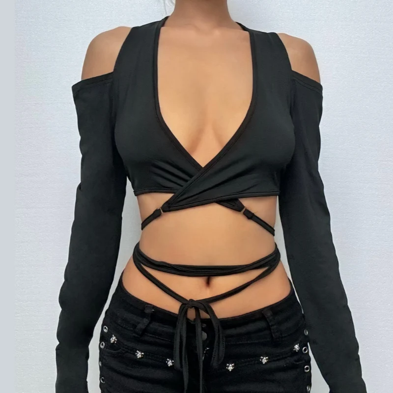 Cut out off shoulder long sleeve self tie crop top