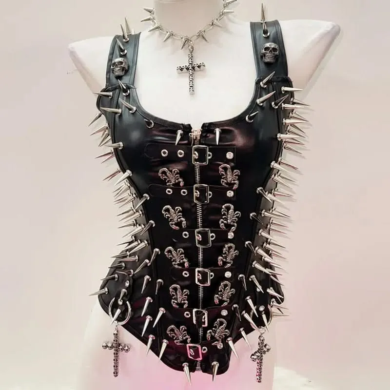 Zip-up u neck buckle skull applique tank top