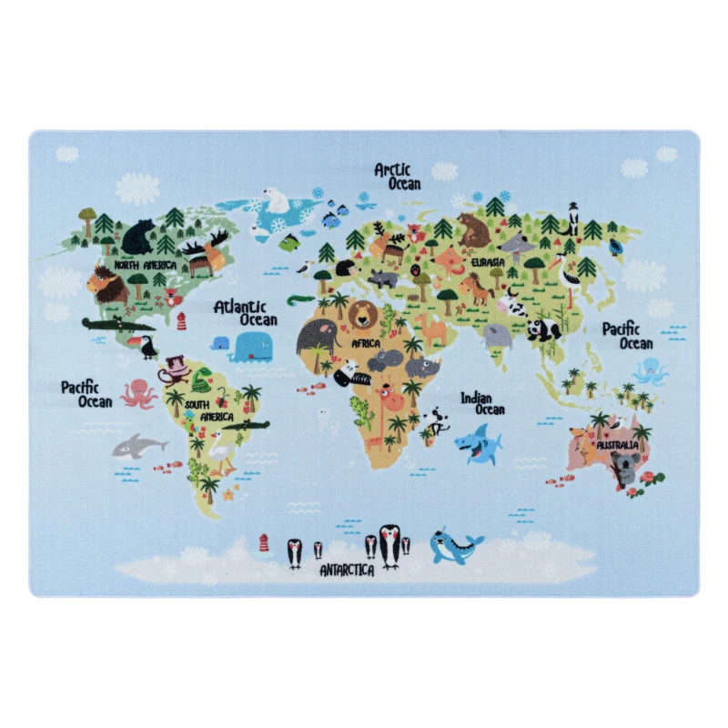 Play – Kindervloerkleed – Wereldmap – Laagpolig – Anti-Allergisch & Anti-Slip