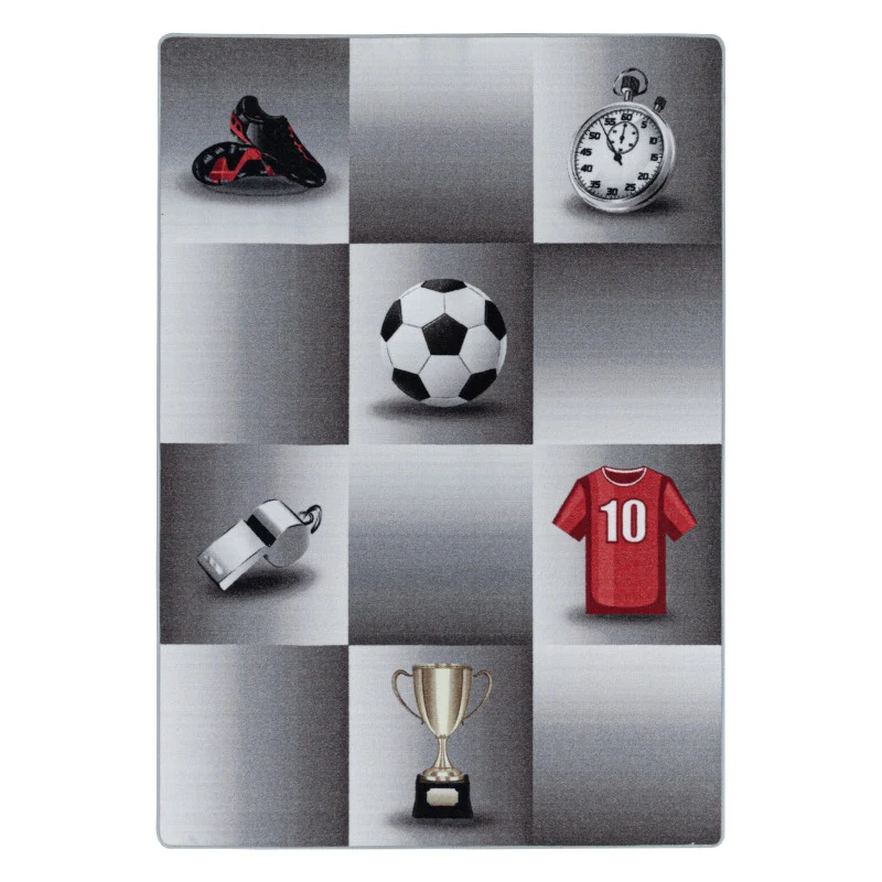 Play – Kindervloerkleed – Voetbal Grijs – Laagpolig – Anti-Allergisch & Anti-Slip