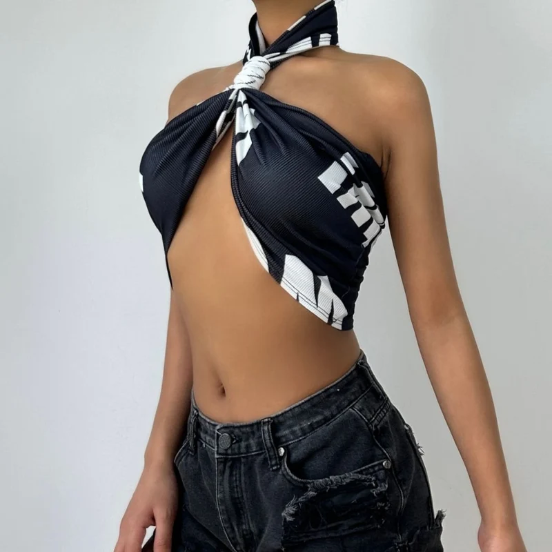 Halter letter print crop top-final-sale