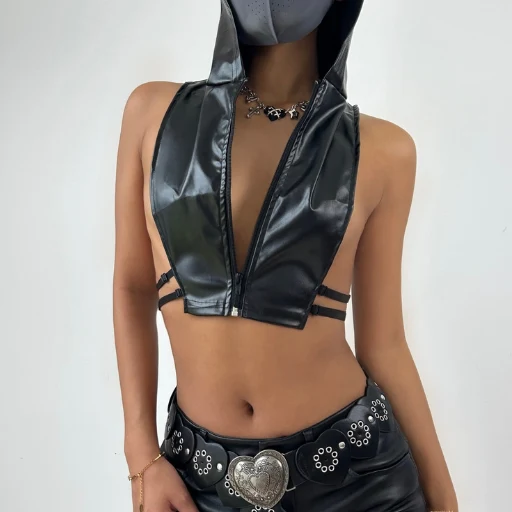 Hoodie zip-up PU leather hollow out cut out top-final-sale