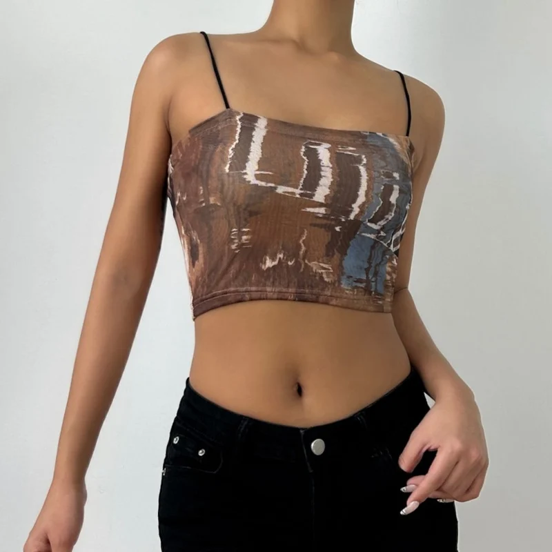 Going out contrast print spaghetti strap cami crop top-final-sale