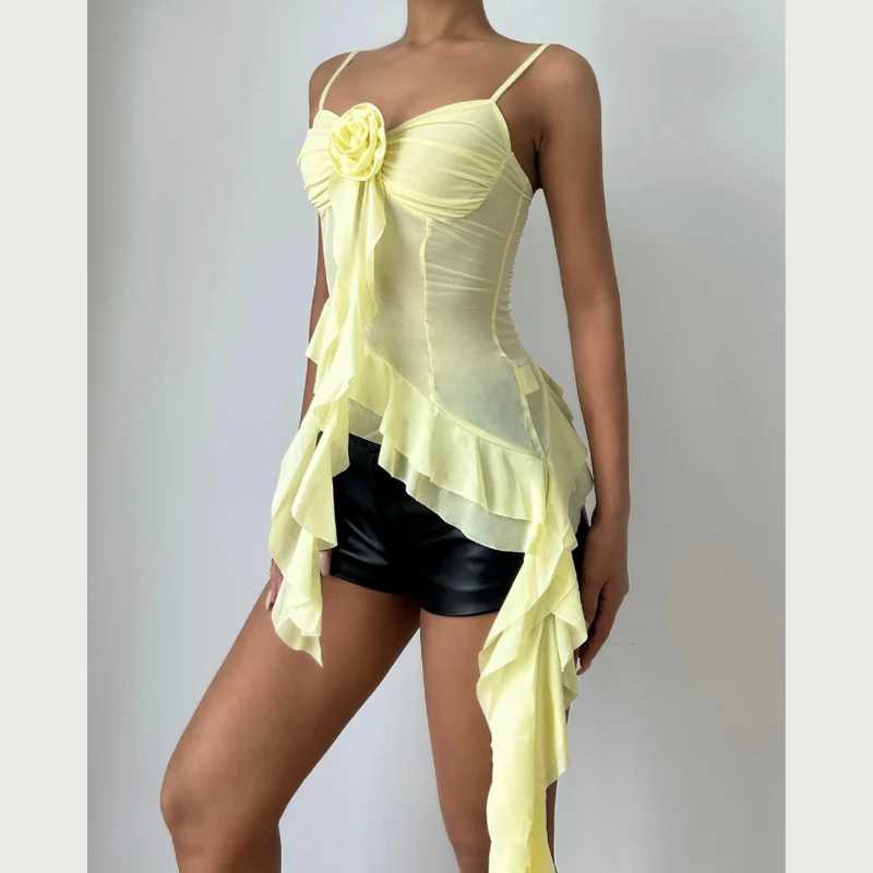 Sweetheart neck flower applique ruffle cami top-final-sale