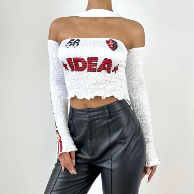 Halter smocked ruffle letter print tube top-final-sale