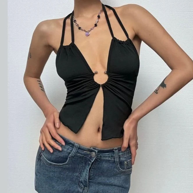 Cut out ruffle halter self tie crop top-final-sale