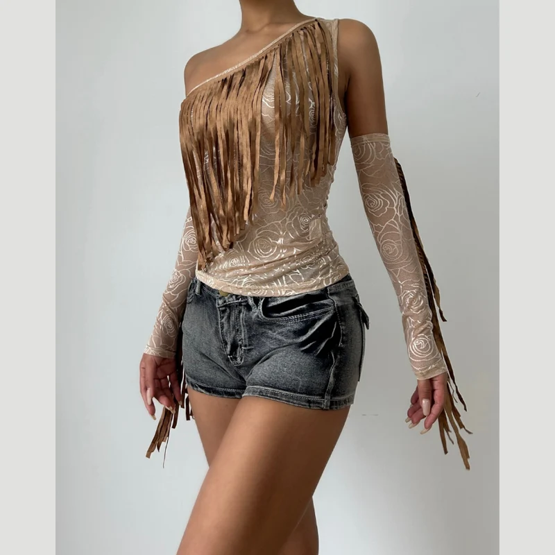 Mesh print one shoulder top-final-sale