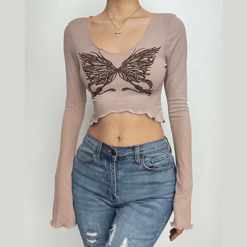 Butterfly pattern ruffle long sleeve contrast crop top-final-sale