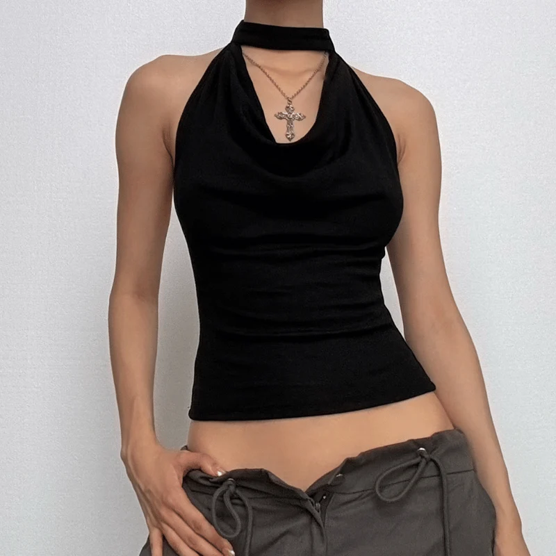 Backless cowl neck halter button sleeveless top-final-sale