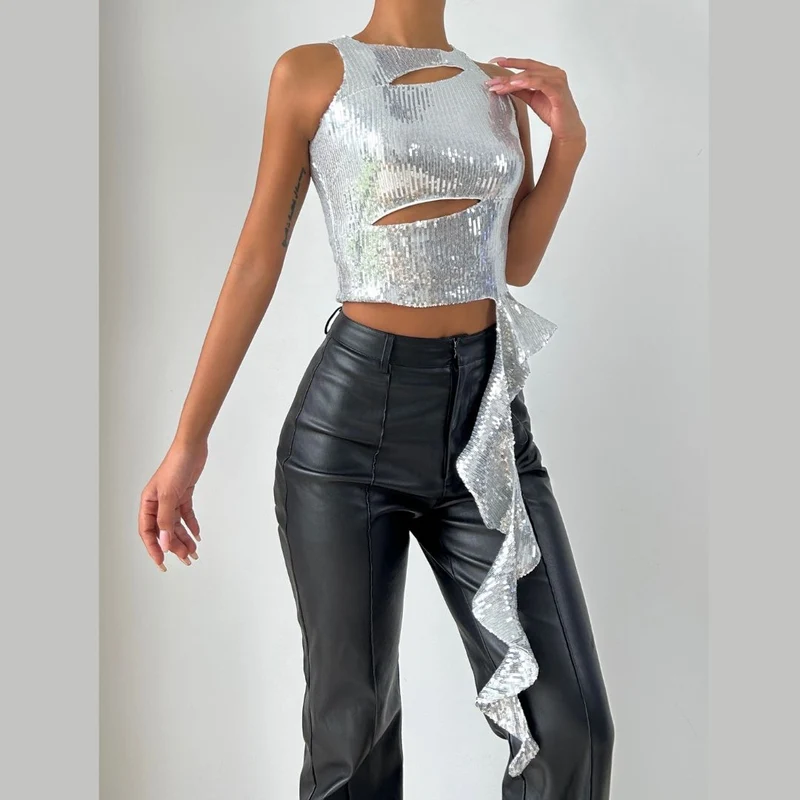 Glitter cut out ruffle irregular crop top-final-sale