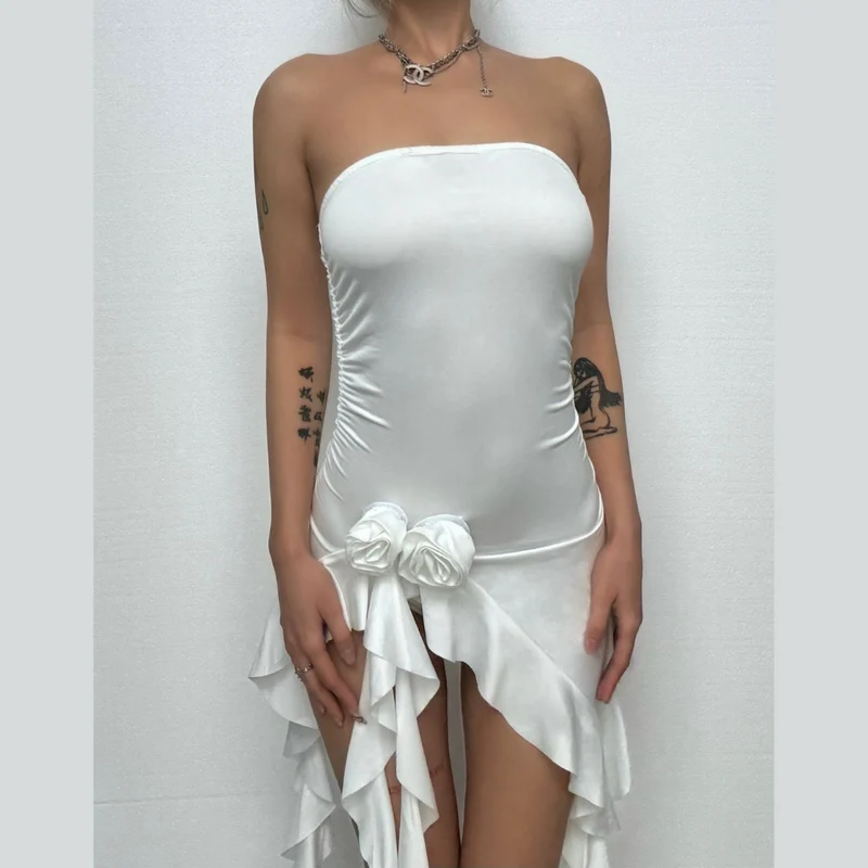 Ruched rose applique ruffle tube top-final-sale