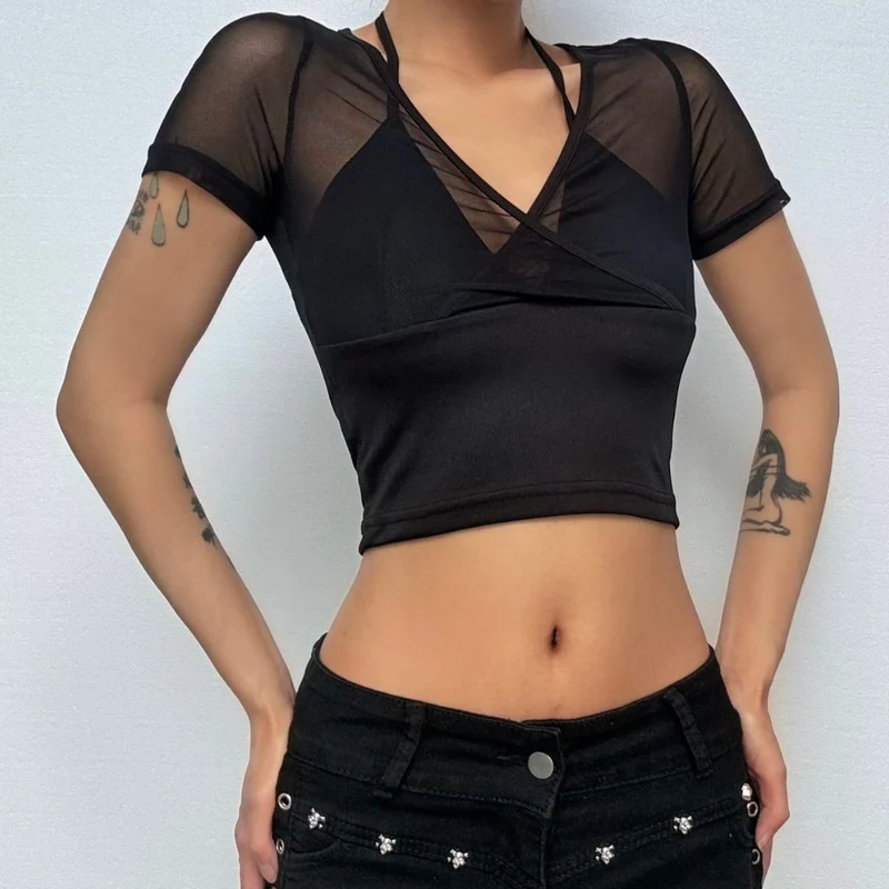 Halter v neck short sleeve mesh cross front top-final-sale
