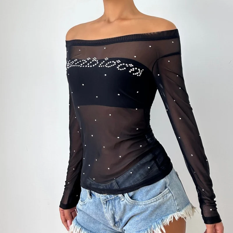 Sheer mesh off shoulder beaded top-final-sale