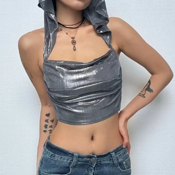 Hoodie metallic backless lace up crop top-final-sale