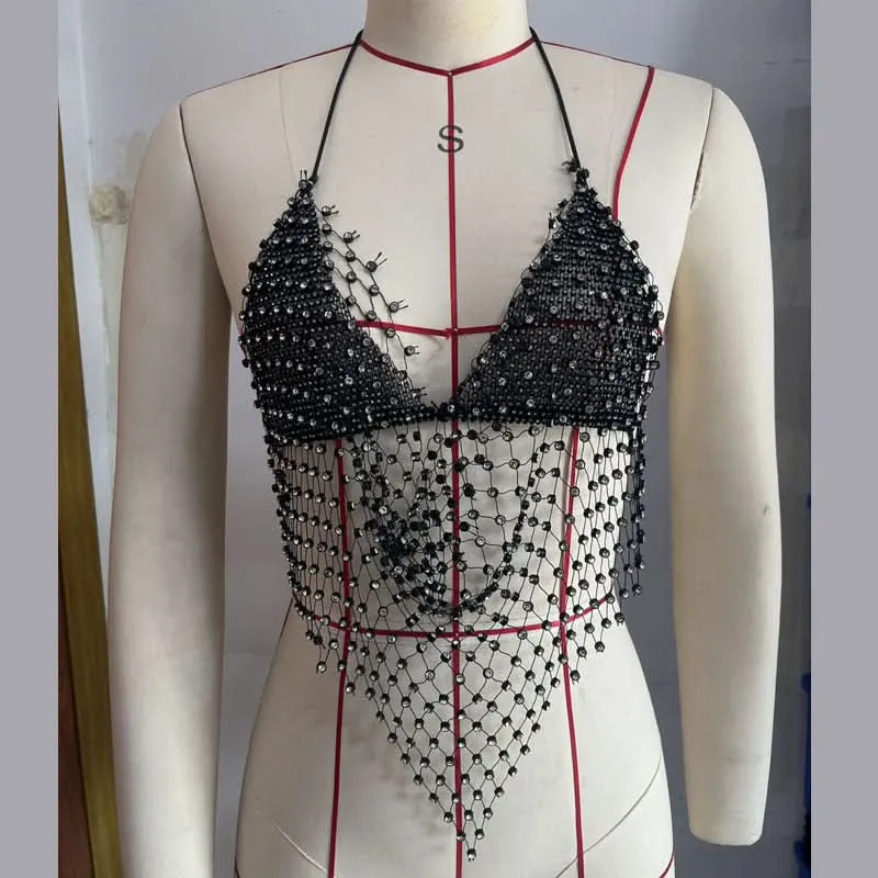 Fishnet beaded halter top