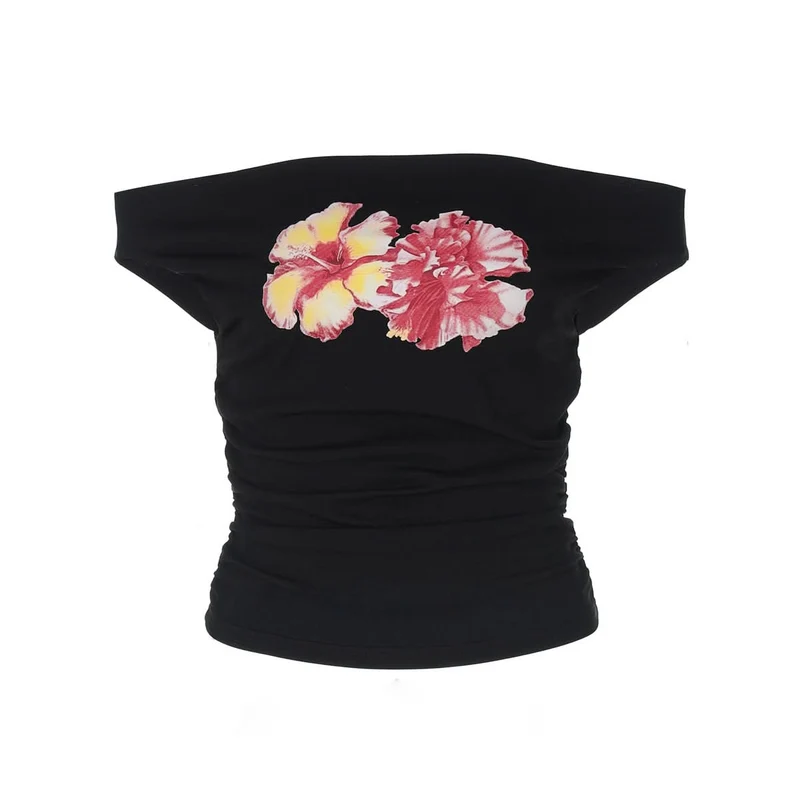 Ruched off shoulder flower print crop top