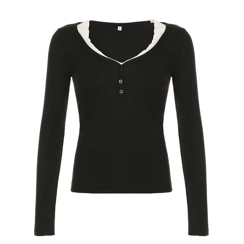 Lace hem v neck long sleeve top