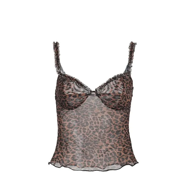 Leopard print v neck sheer mesh ruffle top