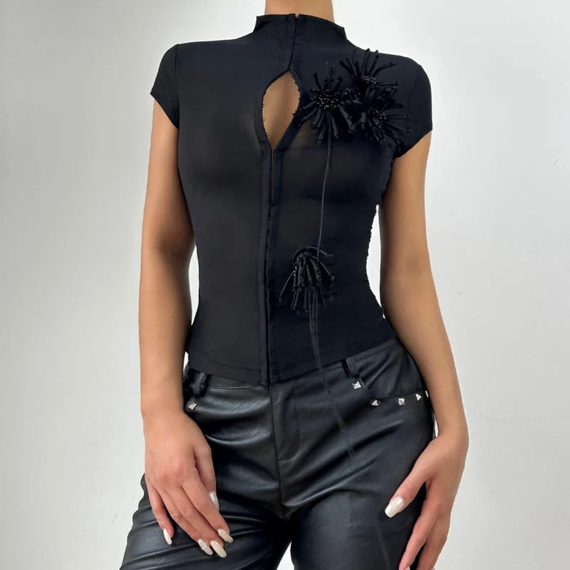 High neck short sleeve flower applique button top