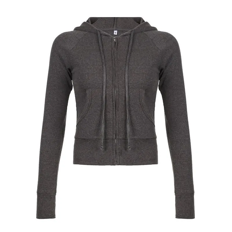Zip-up long sleeve hoodie ribbed pocket top