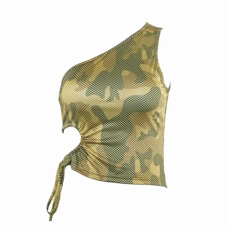 Cut out one shoulder camouflage self tie top