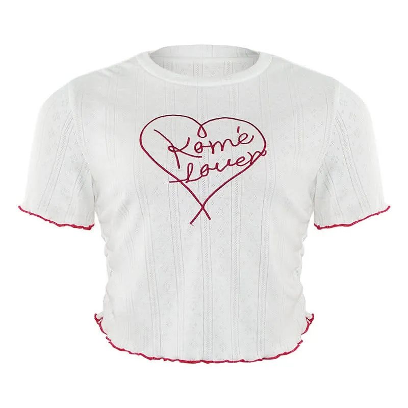 Crewneck short sleeve ruffle letter embroidery top