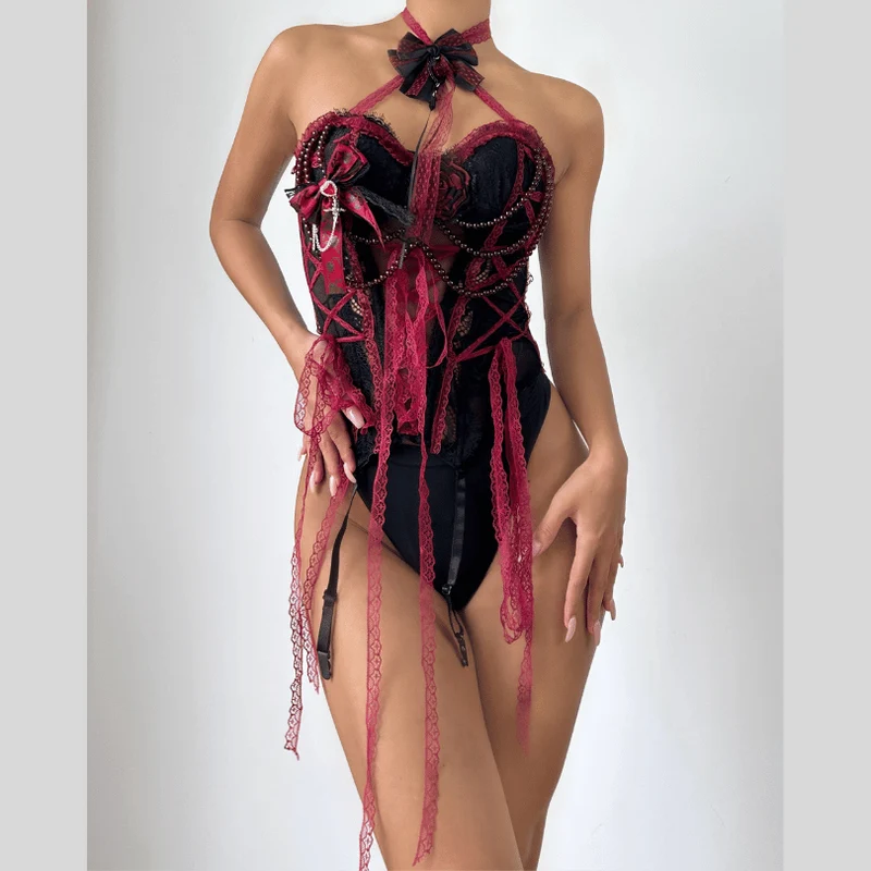 Bowknot cross back lace up flower applique top-final-sale