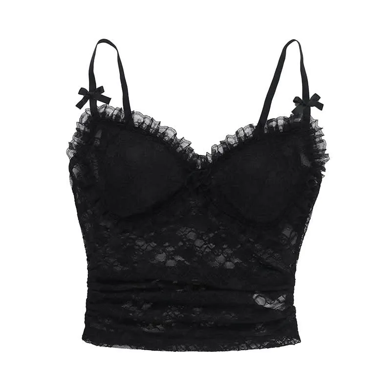 Bowknot lace v neck ruched cami top
