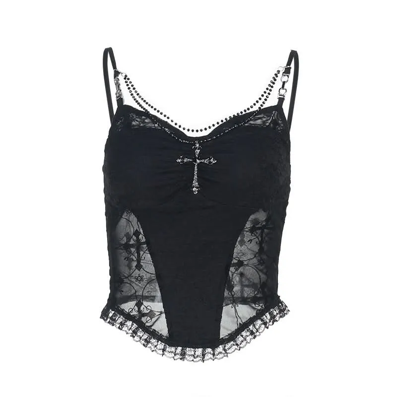 Lace hem v neck beaded ruched cami top
