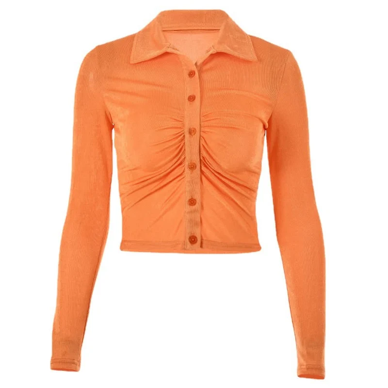 Ruched turnover collar long sleeve button crop top