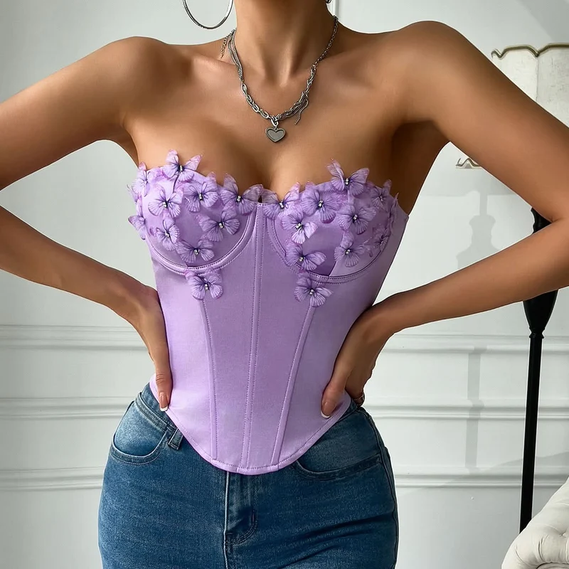 Corset sweetheart neck butterfly applique tube top