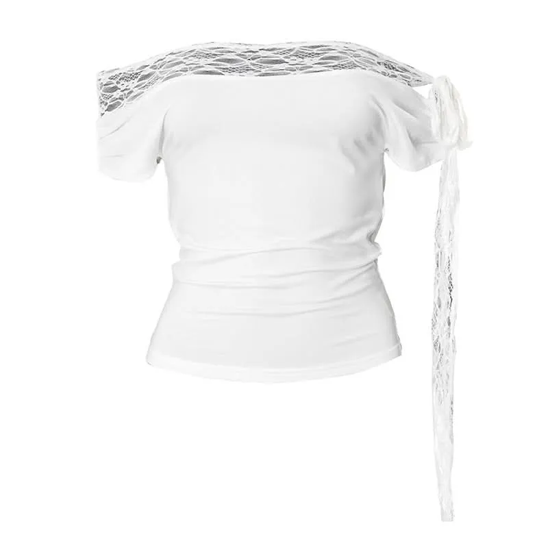 Lace hem off shoulder self tie irregular top