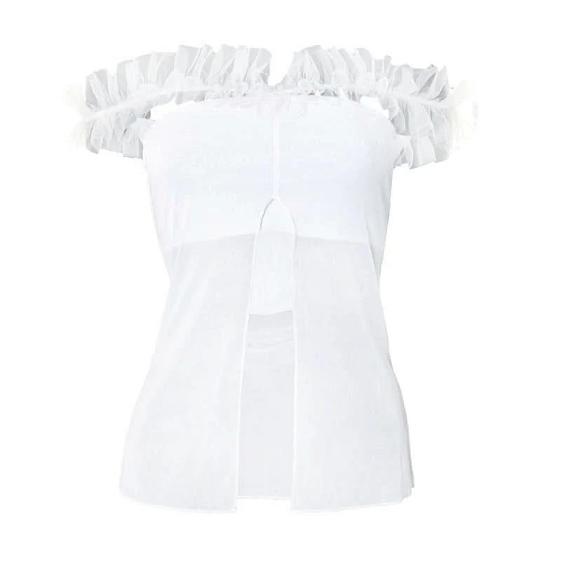 Mesh white slit ruffle off shoulder top