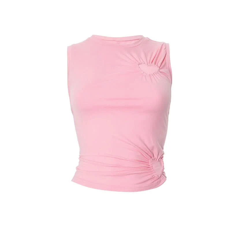 Crewneck ruched heart hollow out irregular cut out top