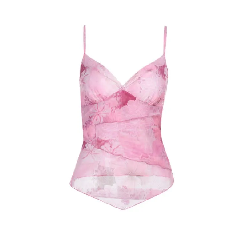 Mesh v neck flower print ruffle cami top