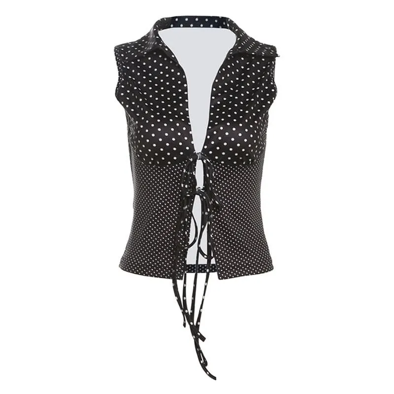 Cut out self tie polka dot v neck top